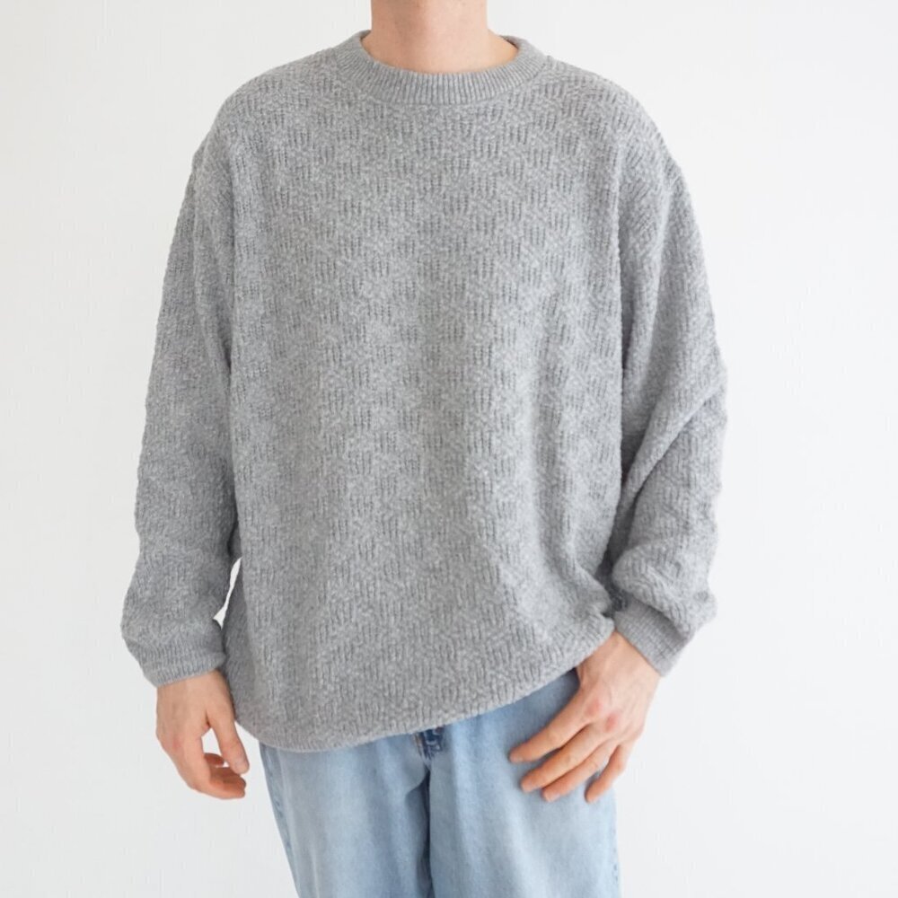 Retreat Grey Textured Basketweave Cotton Blend Crewneck Heritage Sweater Large